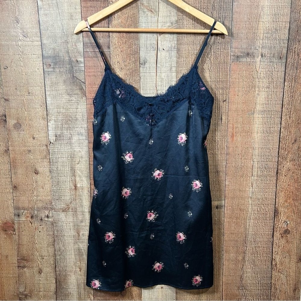 Abercrombie & Fitch Lace Trim Slip Dress Navy Floral Y2K Soft Grunge Small